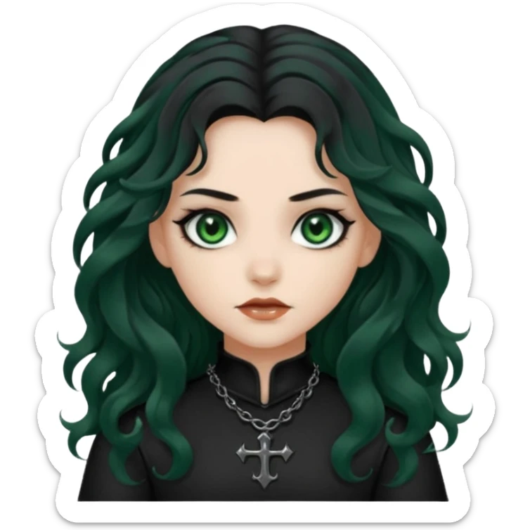 Crea una ragazza con stile black metal, capelli neri mossi lunghi e occhi verde scuro sticker