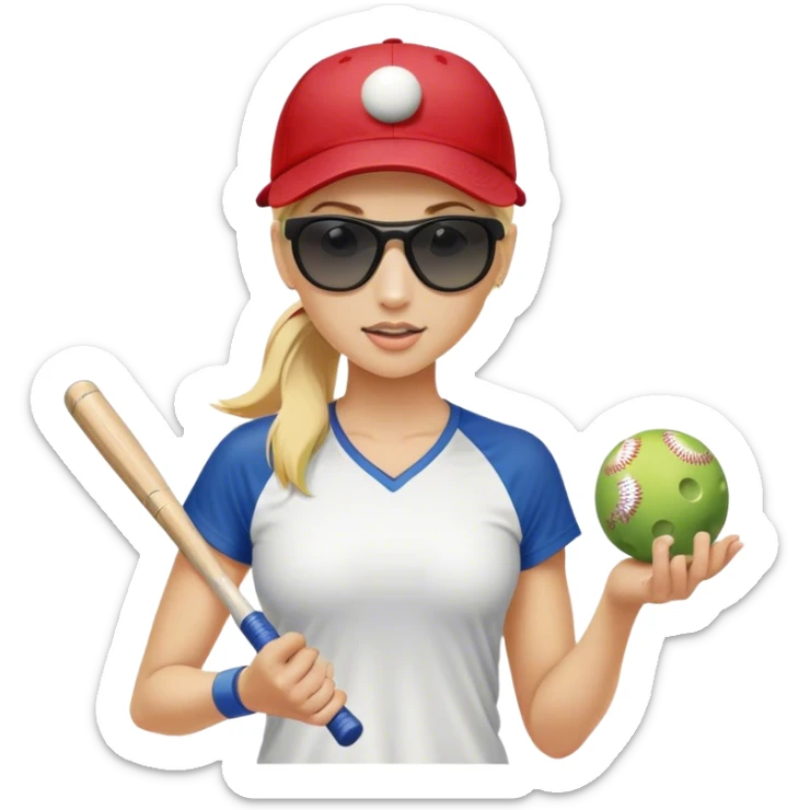 Woman with blond hair in a ponytail wearing a baseball cap and sunglasses holding only one pickleball sticker
