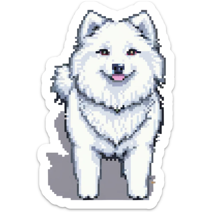 A pixel art Samoyed dog, standing, facing left, white fur, black eyes, playful pose, simple background. sticker