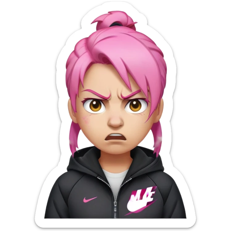 angry emoji with steam coming out of nose, pink hair, wearing black Nike jacket, light skin tone sticker