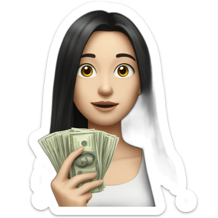 hyperrealist caucasian girl black long hair holding money sticker