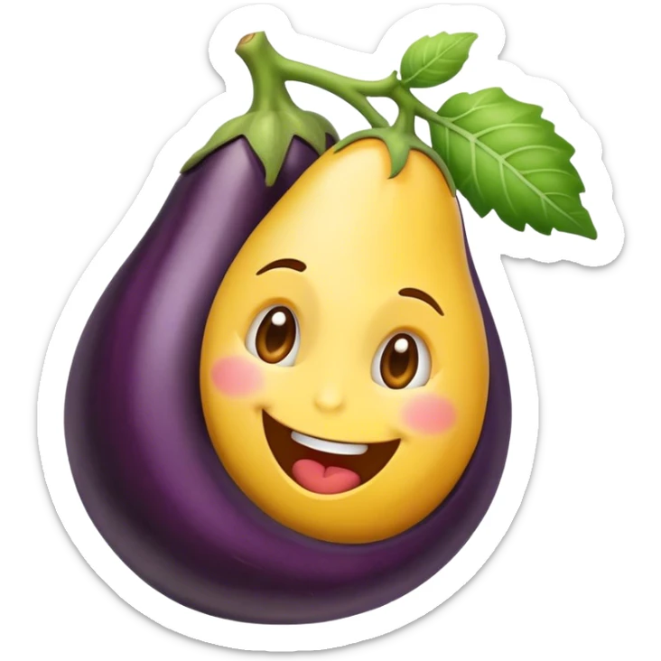 Un emoji heureux qui passe sa langue de droite à gauche avec une aubergine à côté  de lui avec une tête ronde  sticker