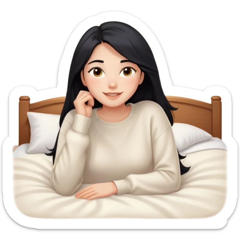 A woman with longer black hair, light to medium skin tone, full cheeks, and almond-shaped eyes, wearing a simple white sweater, lying comfortably on a bed with soft lighting, joyful and radiant expression sticker
