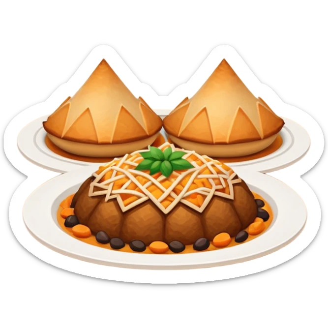 Uzbek cuisine humanless avatar in bright illustration. Classic dishes like plov and samsa, warm golden and earthy tones, simple shapes, flat design, high contrast, friendly and appetizing. sticker