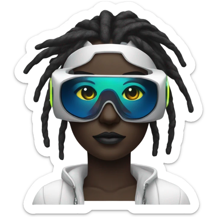 cyberpunk woman, black skin, white dreadlocks, wearing RGB vr headset, (eyes covered:1.2), bright colours sticker