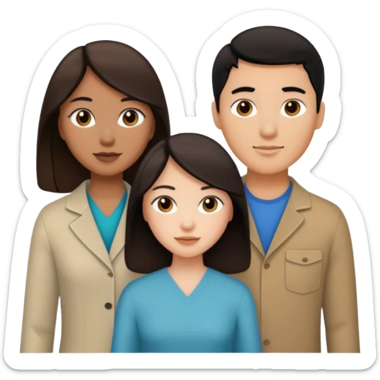 three people, one white girl with brown hair, one hispanic man with dark hair, and one tan asian woman with black hair, as a poly couple emoji sticker