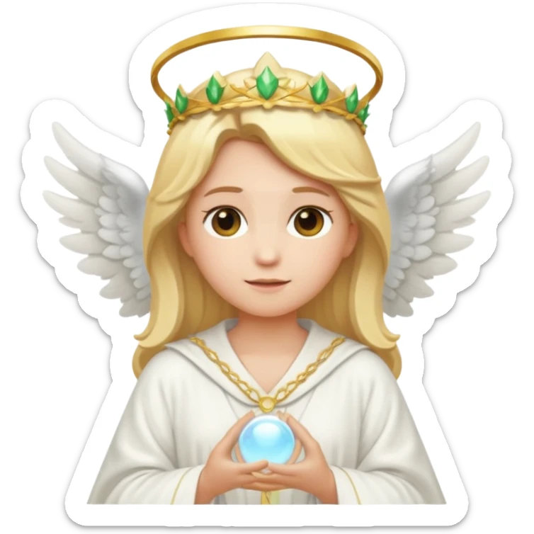 Emoji-style angel: blonde hair, laurel crown, halo, white wings, white robe, glowing orb, soft cute emoji look. sticker