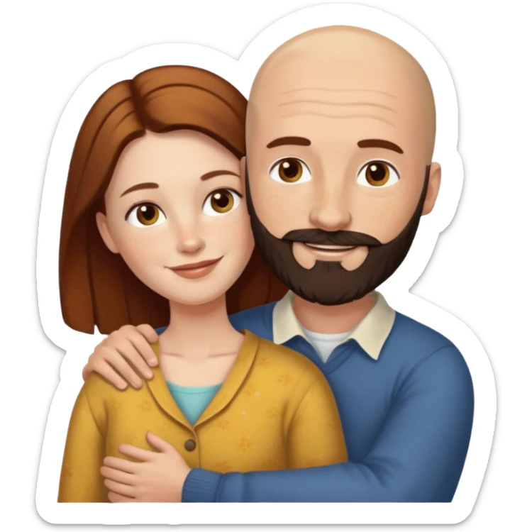 Couple. Bald man with dark brown-black beard. White woman with many small, faded freckles, she has white skin and she has auburn-yellow-brown-cinnamon, dark long hair. She has light brown eyes. The man have hazel eyes. Retro style. They hug. sticker