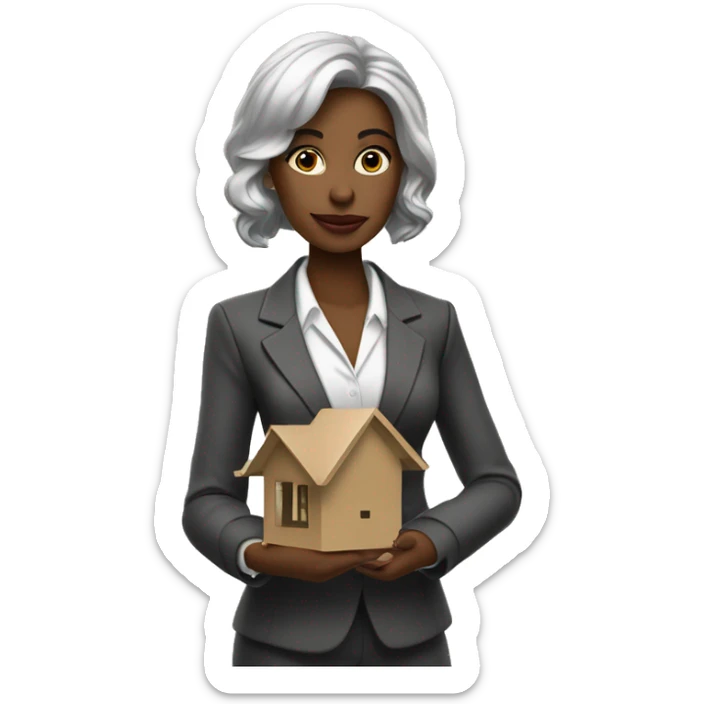 A stylish woman dressed in business attire, confidently holding a small model of a house or a real estate contract. She has a self-assured expression. The background is neutral sticker