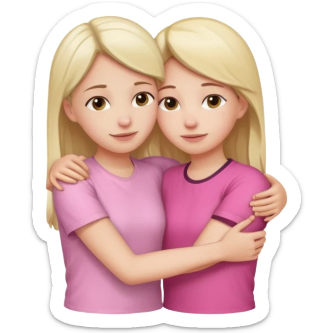 2 girls hugging each other. One is wearing white shirt and the other is wearing pink sticker