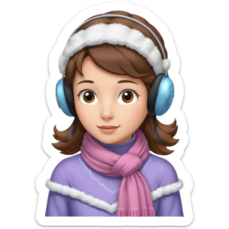 Victorian ice skater in a long dress. She is wearimg a scarf and earmuffs. She has brown hair. sticker