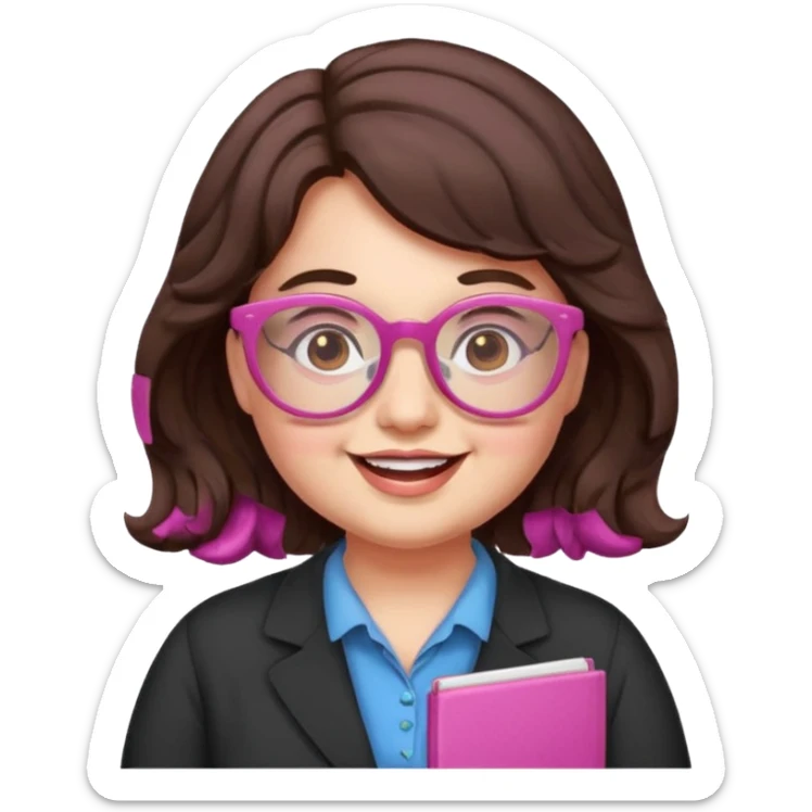happy chubby English teacher, pink glasses, wavy dark brown hair, face only, classroom background, emoji style, online class setting sticker