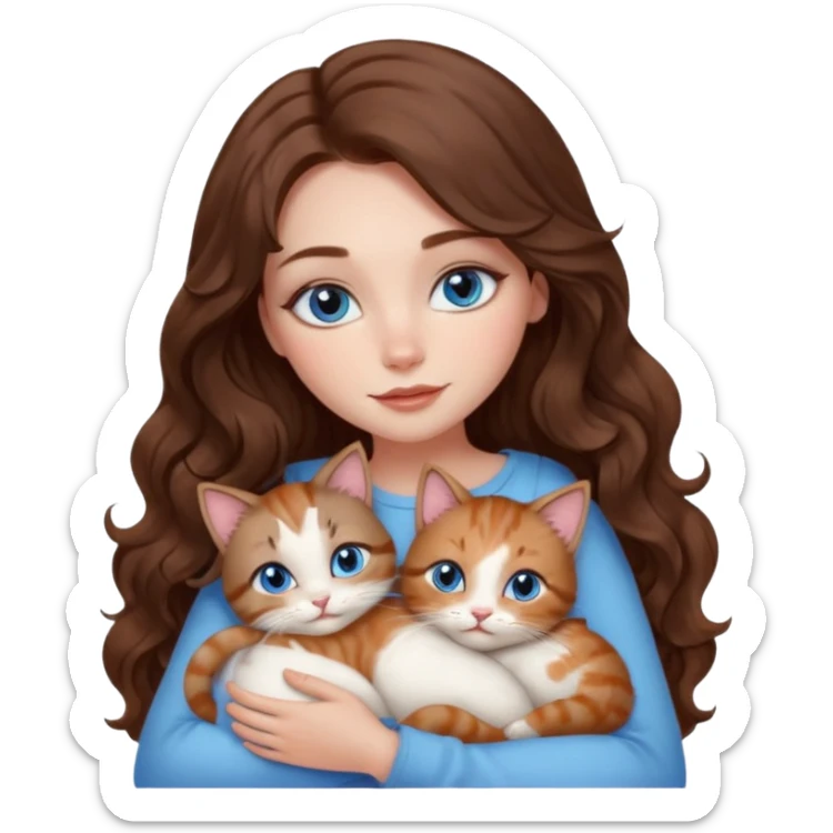 girl with long wavy brown hair, blue eyes, long lashes makeup, cuddling with 6 cute cats sticker