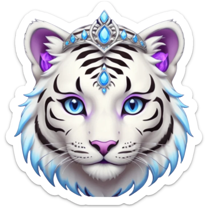 ESO Female white/black tiger khajiit leader of the umbral rose, glowing blue eyes, glowing blue 'third eye' gem; purple gemmed silver tiara sticker