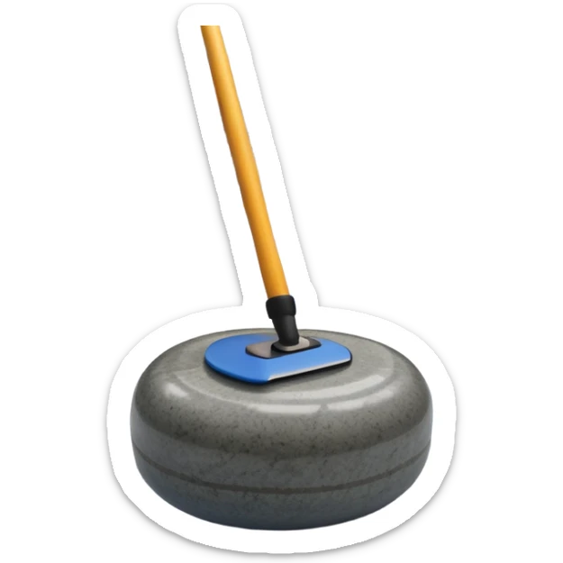An icon showing a detailed close-up of a curling stone sliding across the ice, with a broom in motion beside it. The background features an indoor stadium with cheering spectators on the stands. Transparent background captures the strategy and focus of curling. sticker