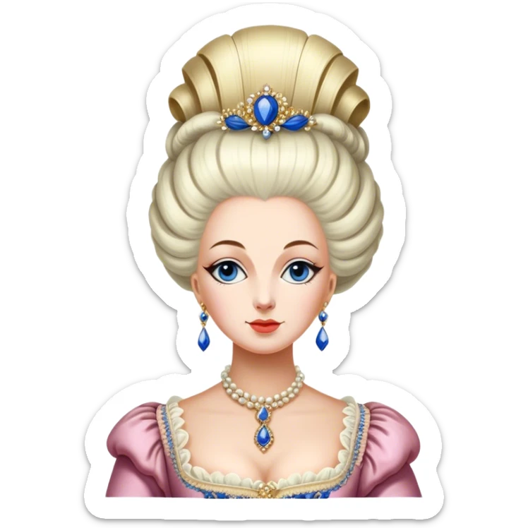 Cinematic Realistic Marie Antoinette Portrait Emoji, depicted as an opulent royal figure with elegant attire and a graceful poised expression, rendered with rich textures and soft lavish lighting that captures her historical allure. sticker