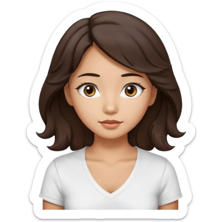 iOS style emoji. A girl with very long dark brown wavy hair. And the eyes color is dark brown. And she is wearing white t shirt with V kneck. And she is 30. She is Asian with double eyelids  sticker