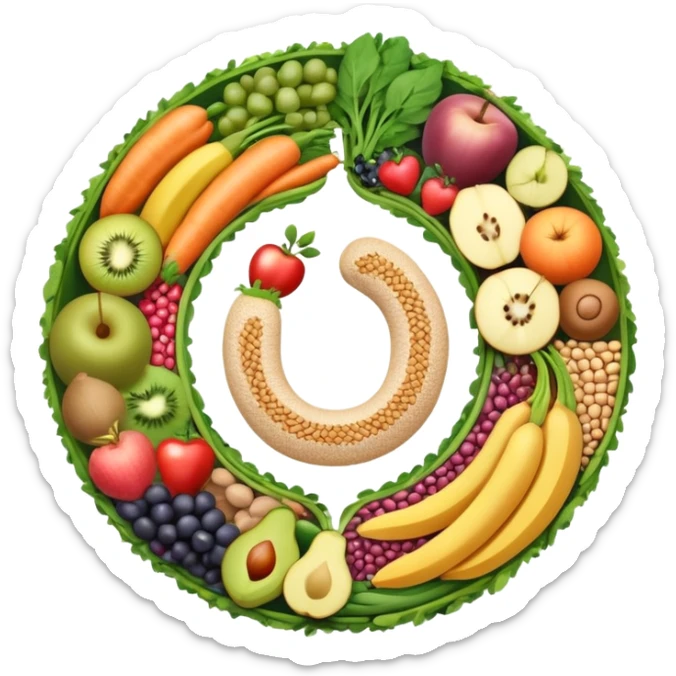 Dietary fiber concept with whole grains, fruits, vegetables and legumes arranged in a circular pattern, with a stylized intestine in the center showing fiber passing through, surrounded by small arrows indicating movement and digestion sticker