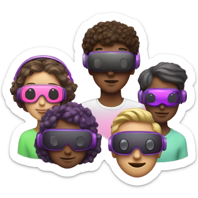 3 people different races, happy, cute wearing VR headsets, pink, purple, greens, neons sticker