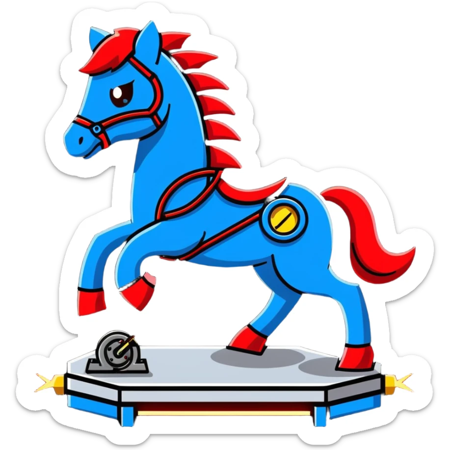fast electric horse made of electricity, metal plates, bolts, visible blue and red wires, lightning coursing through its body, robotic appearance sticker