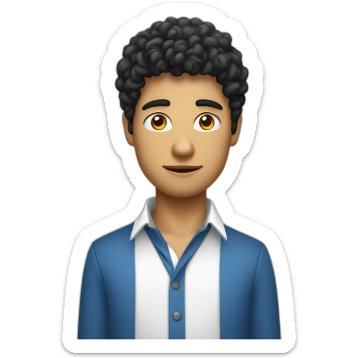 jeune homme avec des cheveux châtains bouclés, des yeux bleus clairs qui est habillé avec une chemise noir sticker