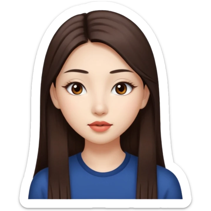 Una chica con piel muy clarita con pleo liso largo de color castaño y unos ojos marrones oscuro y labios grandes y nariz bonita y con unas pestañas que parezca asiatica sticker