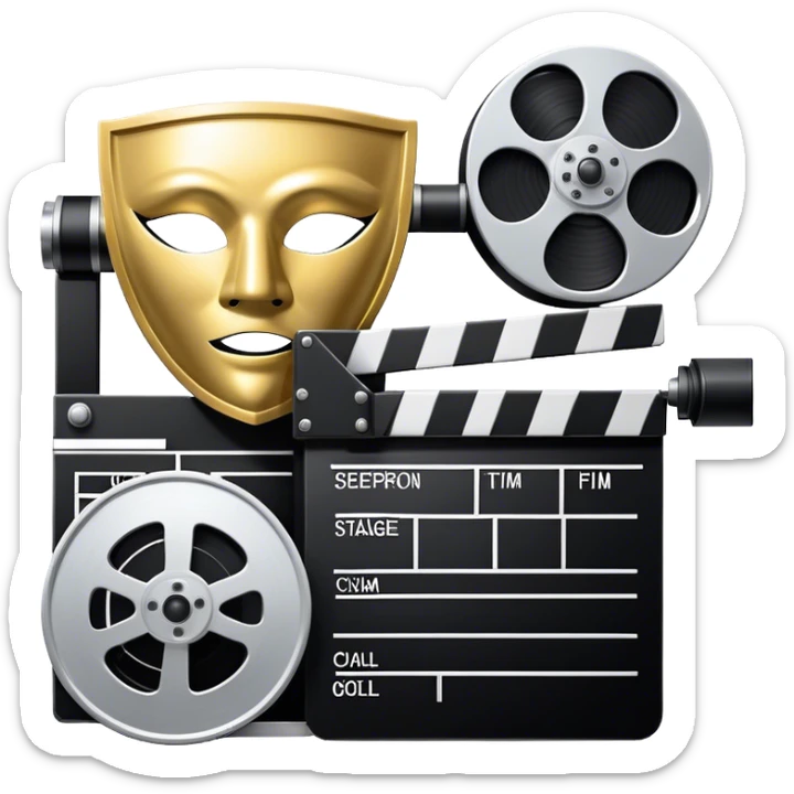 Icon for Acting in Theater and Movie: a stage with a spotlight and cinema, a film camera, a clapperboard and a dramatic mask. The design should represent both theatrical performance and cinematic art. Transparent background. sticker