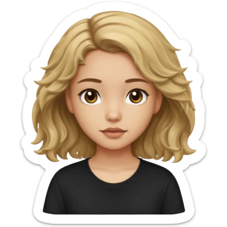 Light skinned girl with dirty blonde wavy hair and deep brown eyes and a black square shirt sticker