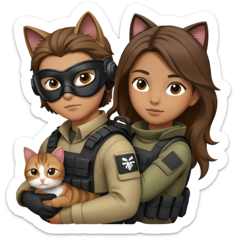 A masked man with hair down to his neck and wearing a tactical gear is carrying a girl with brown hair and a cat sticker