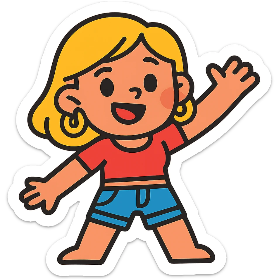 cute character with blonde hair, gold hoop earrings, a crop top, and jean shorts, smiling, vibrant toon style, colorful, cheerful sticker