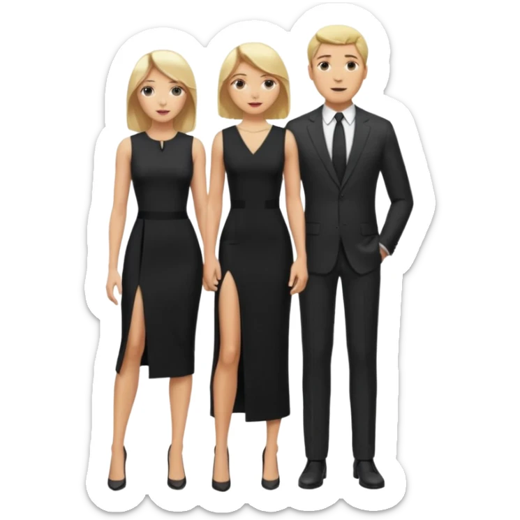 Blonde woman, black, Long, tight, sleveless Dress, Slot left Leg,man in suit, fly sticker
