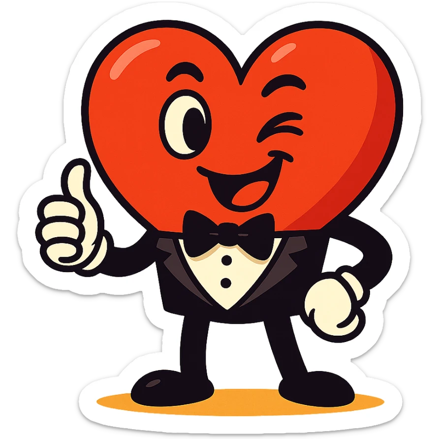 cartoon heart character in a tuxedo, winking and giving a thumbs up, vibrant and playful style, perfect for wedding stickers sticker
