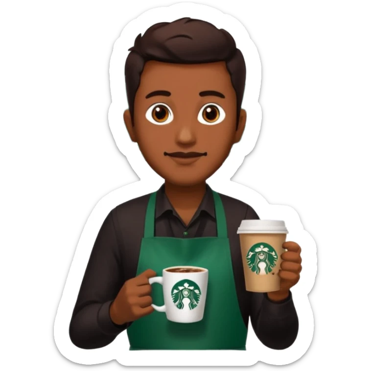 create a sticker of my male bangladeshi friend who is supervisor at starbucks plus coffemaster so black apron woth coffeemaster on it and starbucks logo sticker