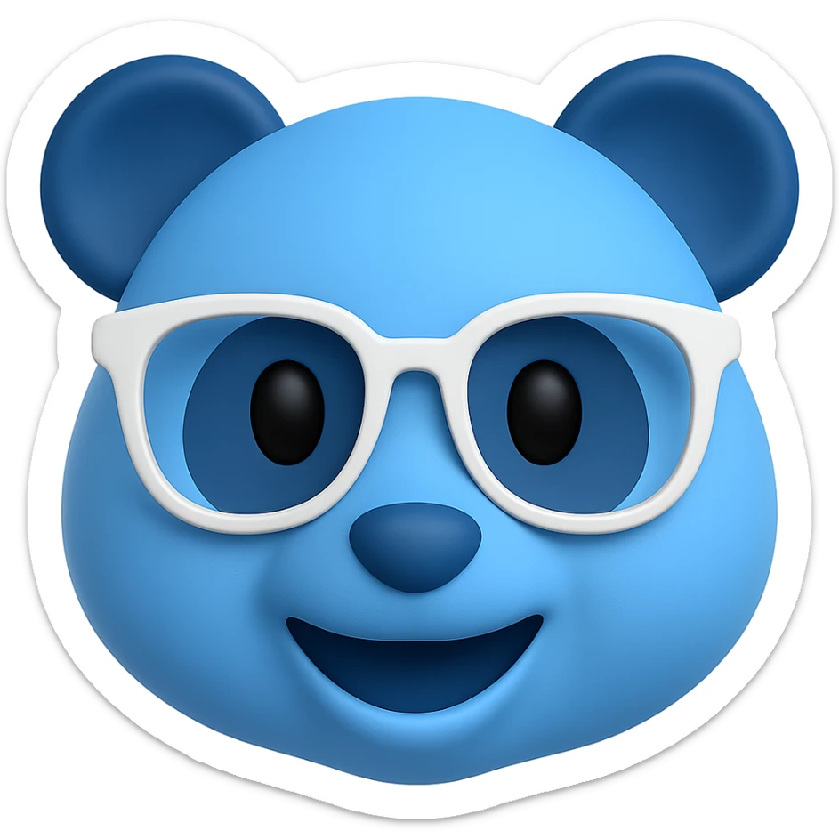 Create a 3D emoji of a panda face inspired by the classic panda emoji style, in IK blue color, wearing stylish white designer glasses. Keep the look playful and modern with a smooth 3D finish. Remove the background completely. sticker