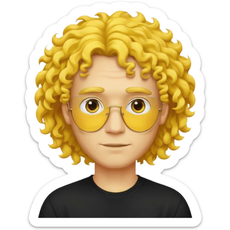 a yellow-faced standard man with mid-long curly hair wearing a black t-shirt, face and shoulders. The yellow of the face is very bright. sticker