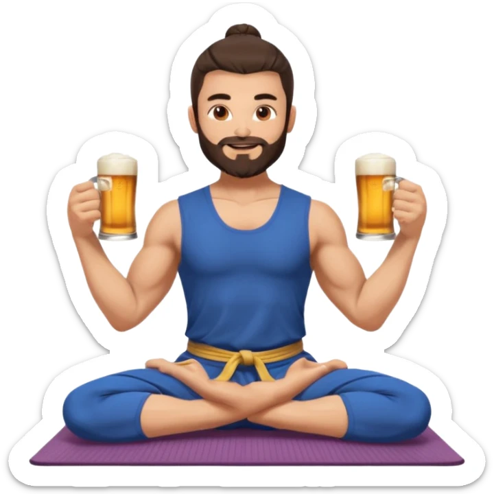 slavic muscled guy with dark brown hair and beard, sitting in yoga pose on a mat, kung fu clothes, long and volume dark hair, holding beer mugs in two hands, sitting sticker