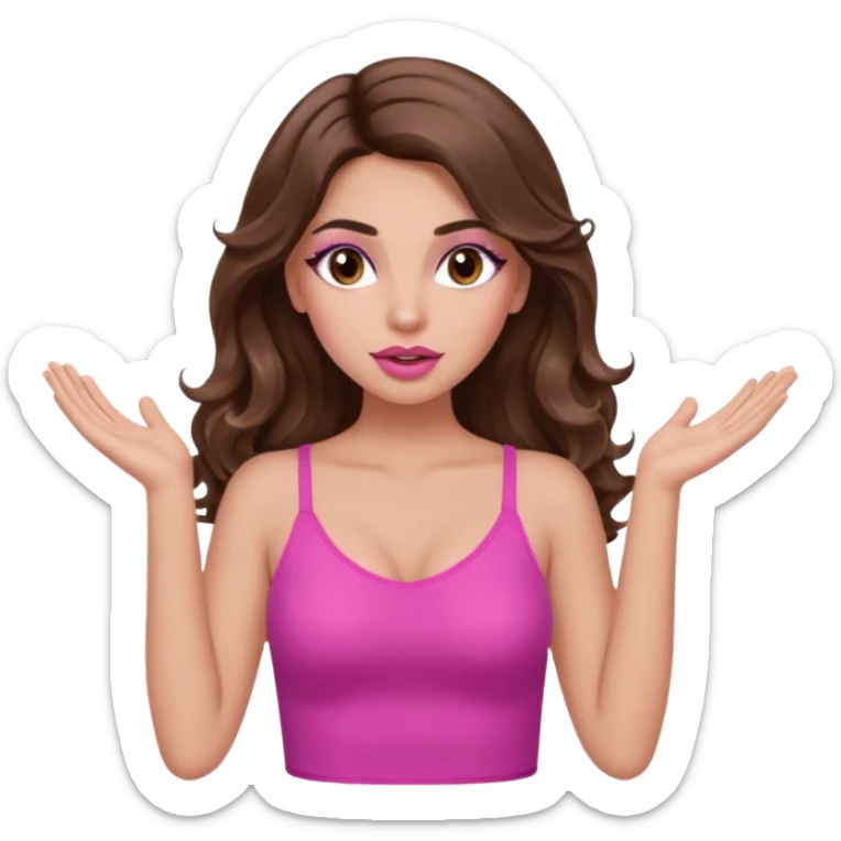 girl with long wavy brown hair, brown eyes, long lashes makeup, sexy pink lips, light to medium complexion, pink sexy top, two hands up, shrugging sticker