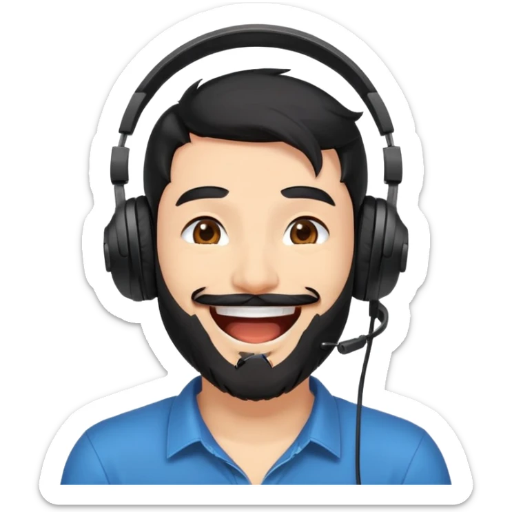 anime style laughing man with black hair, brown eyes, black beard wearing gaming headset sticker