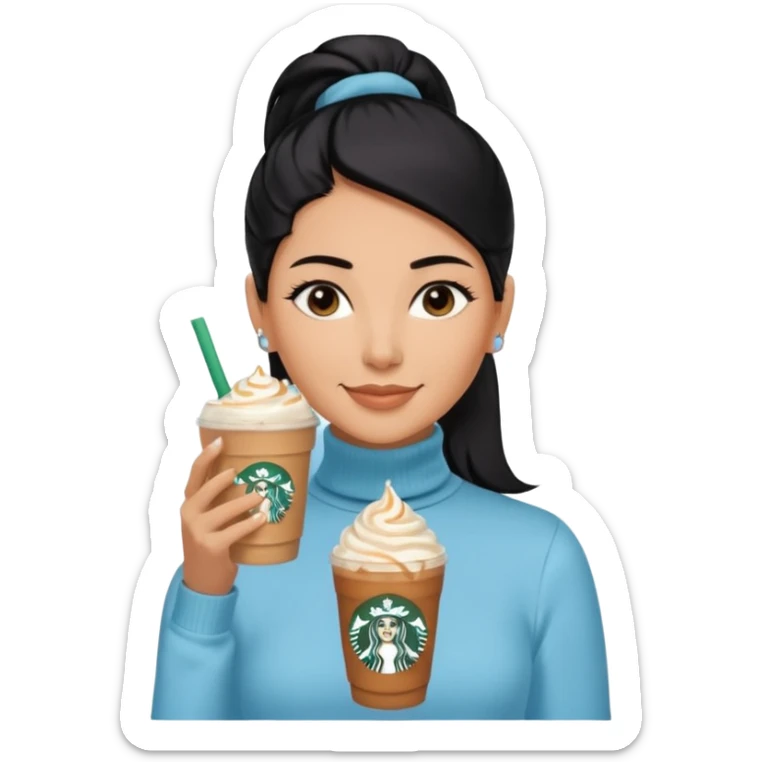  tan skin woman with long face, and very short black hair slicked back ponytail with forehead showing, wearing solid pastel blue turtleneck shirt, drinking starbucks caramel frappuccino, smiling with middle parted hair sticker