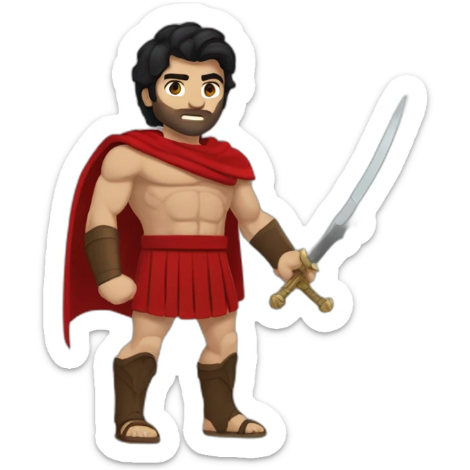 The Spartan Leonidas. Muscly physique. Wearing a red cape. Masculin. Normal face. Black hair. Blue eyes. sticker