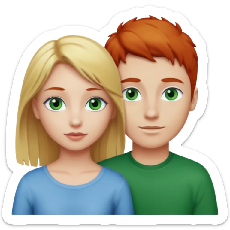 Blonde hair pretty girl with blue eyes, and red haired long hair boy green eyes in love with each other sticker