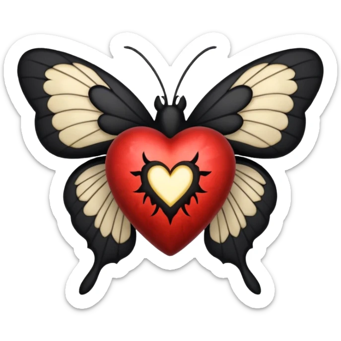 black heart emoji with a detailed moth in the center, gothic vibe, apple emoji style sticker