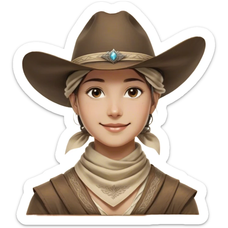 Clash of Clans aesthetic: Beautiful and Majestic Cowboy Portrait Emoji, Rendered in serene confidence with a gentle, enigmatic smile and a regal wide-brimmed hat, showcasing a distinguished, weathered build with a timeless bandana and soft, wise eyes in natural skin tone, Simplified yet exquisitely endearing features, highly detailed, glowing with a soft, majestic western light, high shine, calm and heroic, stylized with an air of legendary frontier elegance, soft glowing outline, capturing the essence of a majestic cowboy whose noble spirit inspires epic journeys! sticker