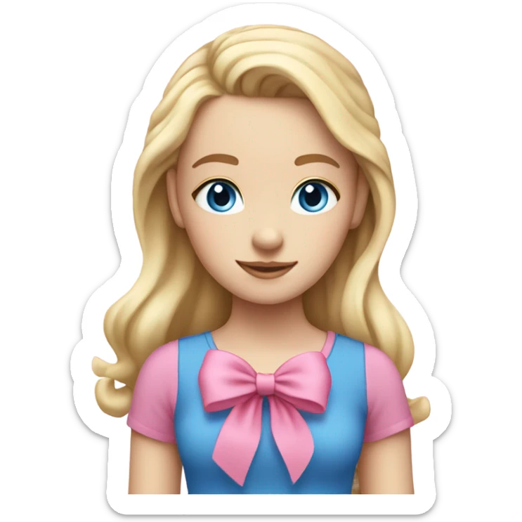 pale girl with blue eyes and blonde hair wearing a pink shirt and a pink hair bow sticker