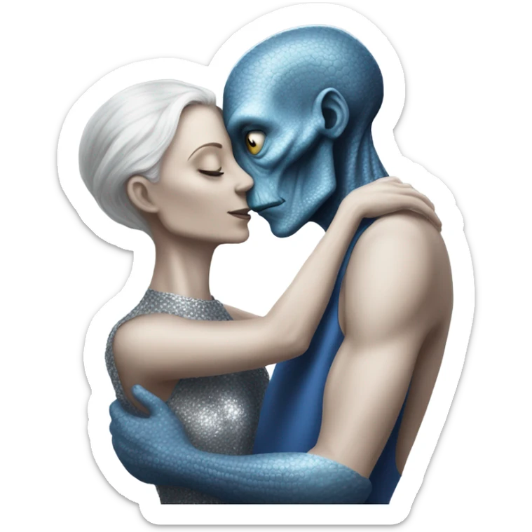 White man in blue dress  hugs and kissing Alien reptilian woman in silver dress  sticker