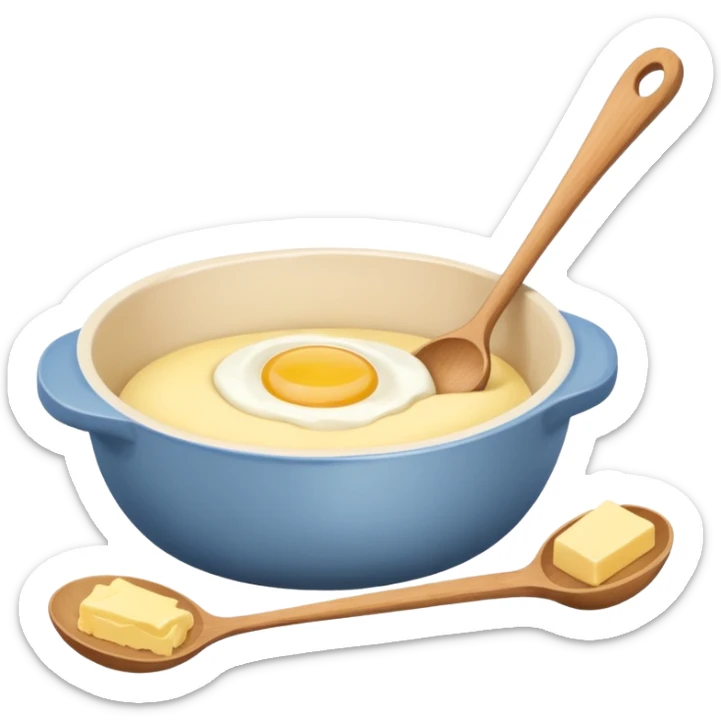 A cream ceramic baking bowl with a wooden spoon in it, next to it is a carton of eggs and butter sticker