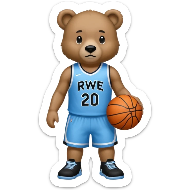 Bear with full body and wearing basketball black and light blue jersey that says RWE  sticker
