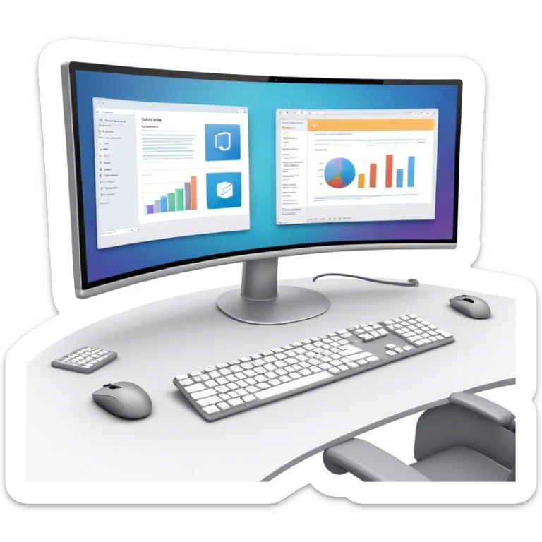 Create an emoji for UX/UI design. Show  large curved monitor displaying windows with UX/UI design HTML program interface. Include a mouse, keyboard, and stylus next to the screens. Use modern, professional colors. Do not include any emojis or smiley faces. Make the background transparent. sticker