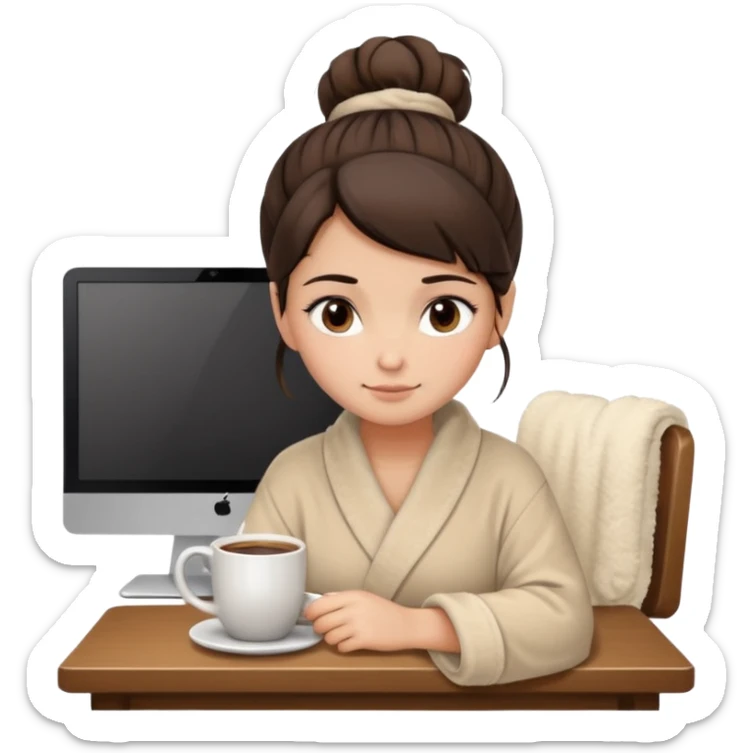 A brunette girl with a bun as hairstyle, with dark brown eyes, dark circles under eyes, tired, sad face, with a mug of coffee in one hand and sitting in front of a computer, wearing a soft fluffy beige robe sticker