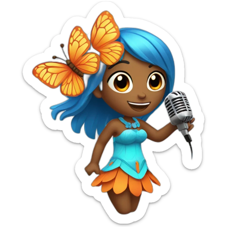 Cartoon Blue and orange girli tiki singing with butterfly and in the mikrophone sticker